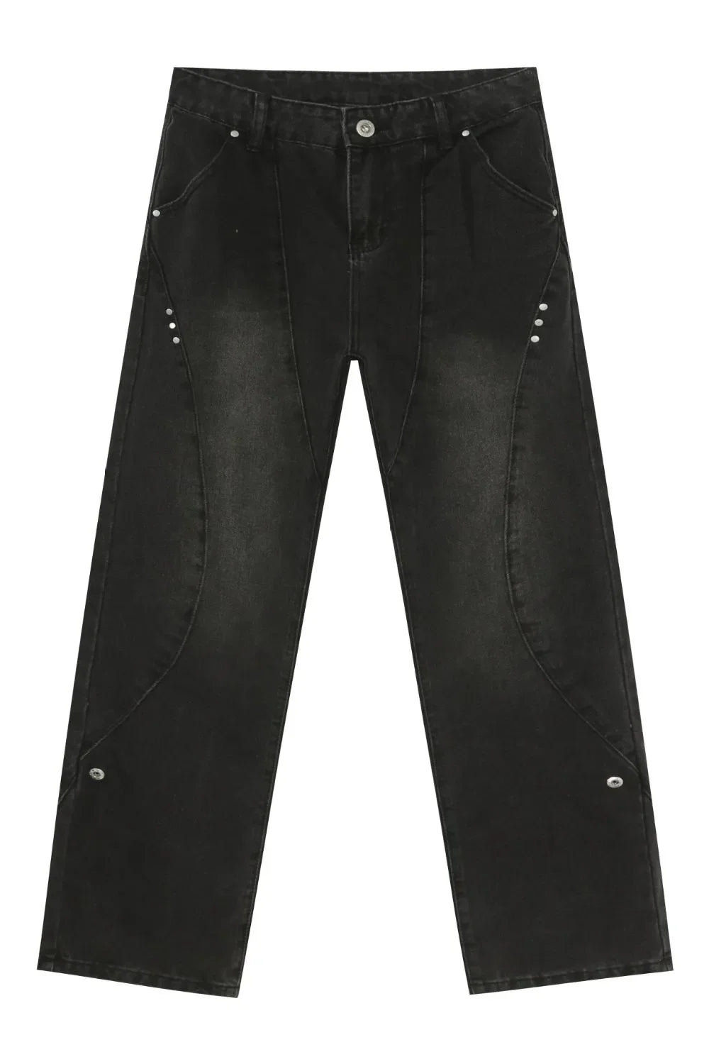Dark wash denim jeans with asymmetric seams and silver stud details.