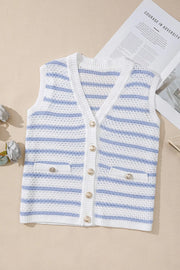 Light blue striped knit vest with V-neck, button front, and pocket details.