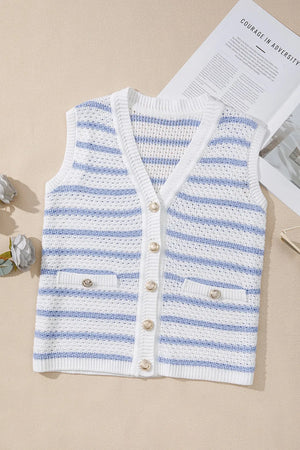 Light blue striped knit vest with V-neck, button front, and pocket details.