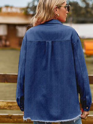 Peacock Blue overshirt with frayed hem and button cuffs.