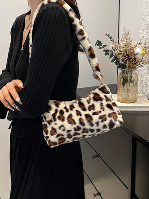 Leopard print faux fur shoulder bag with fluffy strap