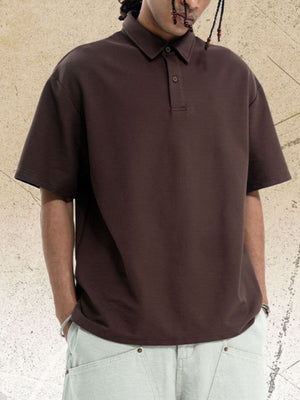 Brown cotton polo shirt with buttoned placket and short sleeves