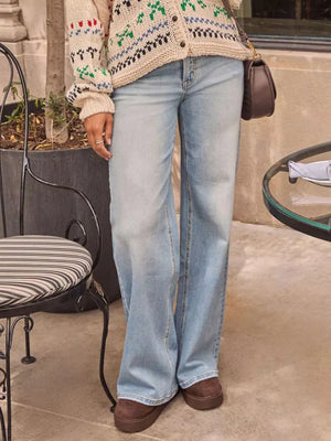 Light blue denim high-waisted wide-leg jeans with a buttoned front.