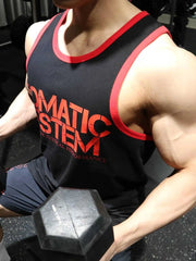 Black Somatic System graphic tank top with red trim, athletic fit.