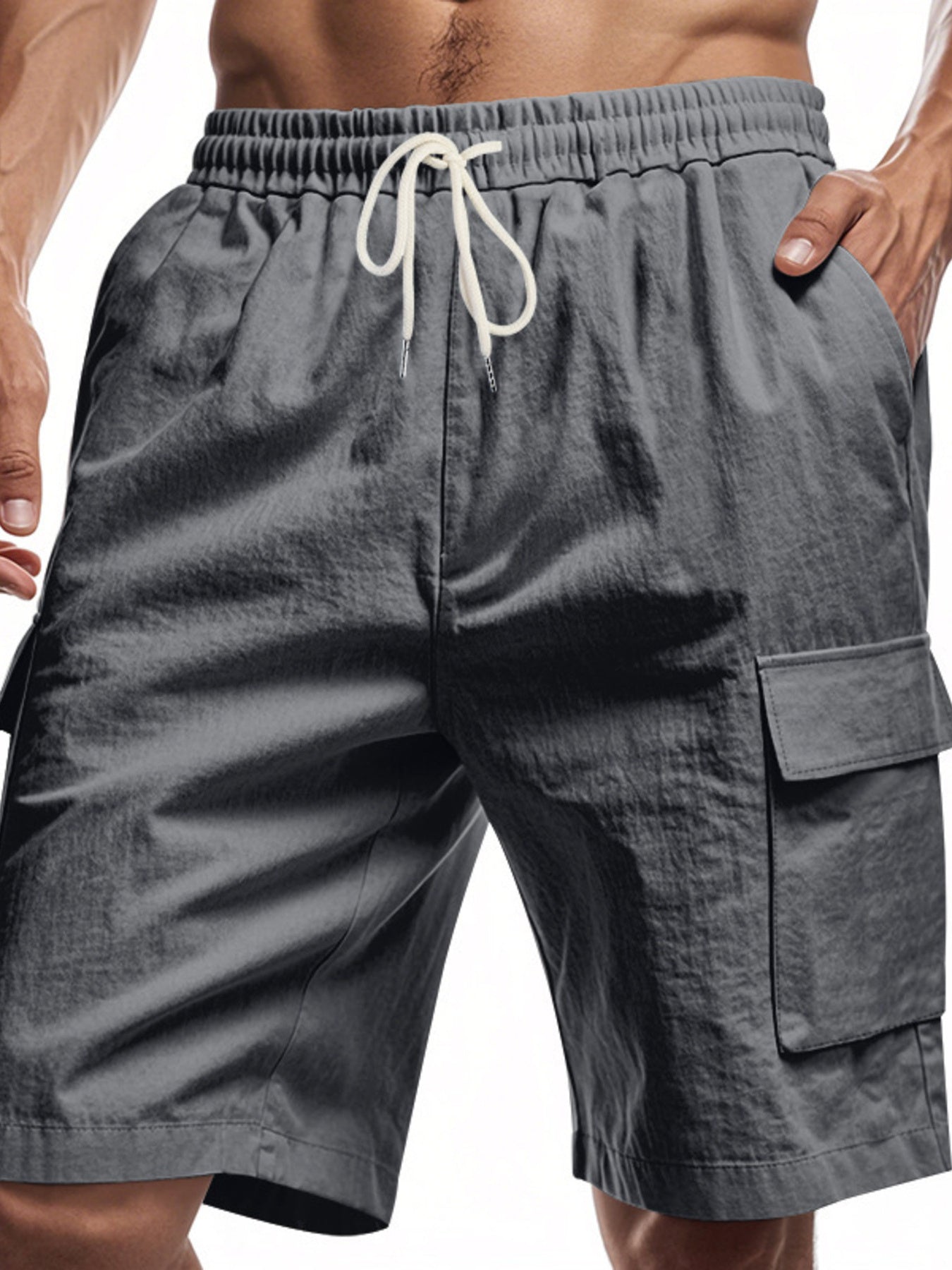 Men's dark gray cargo shorts with elastic waistband and drawstring