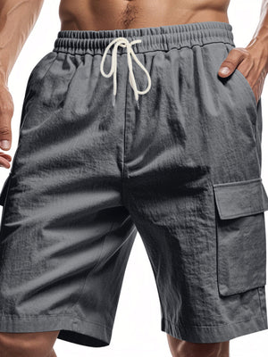 Men's dark gray cargo shorts with elastic waistband and drawstring