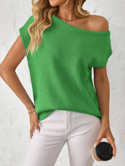 Green off-the-shoulder knit tee with short sleeves and a boat neckline.
