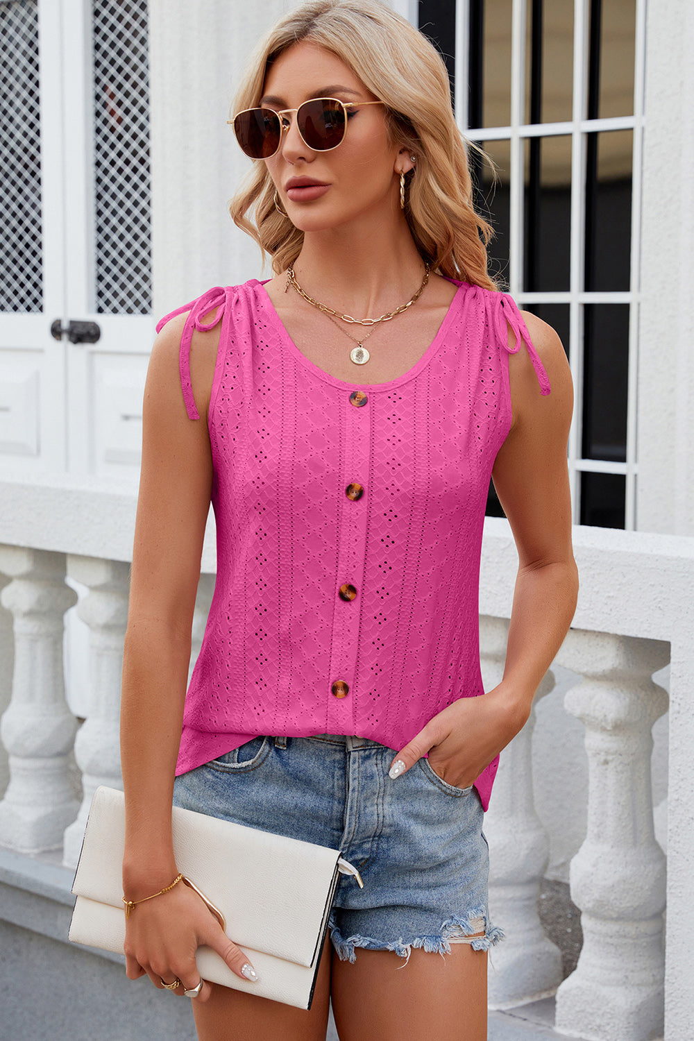 Hot Pink eyelet tank top with tie shoulders and button front