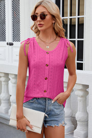 Hot Pink eyelet tank top with tie shoulders and button front