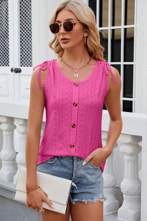 Hot Pink eyelet tank top with tie shoulders and button front