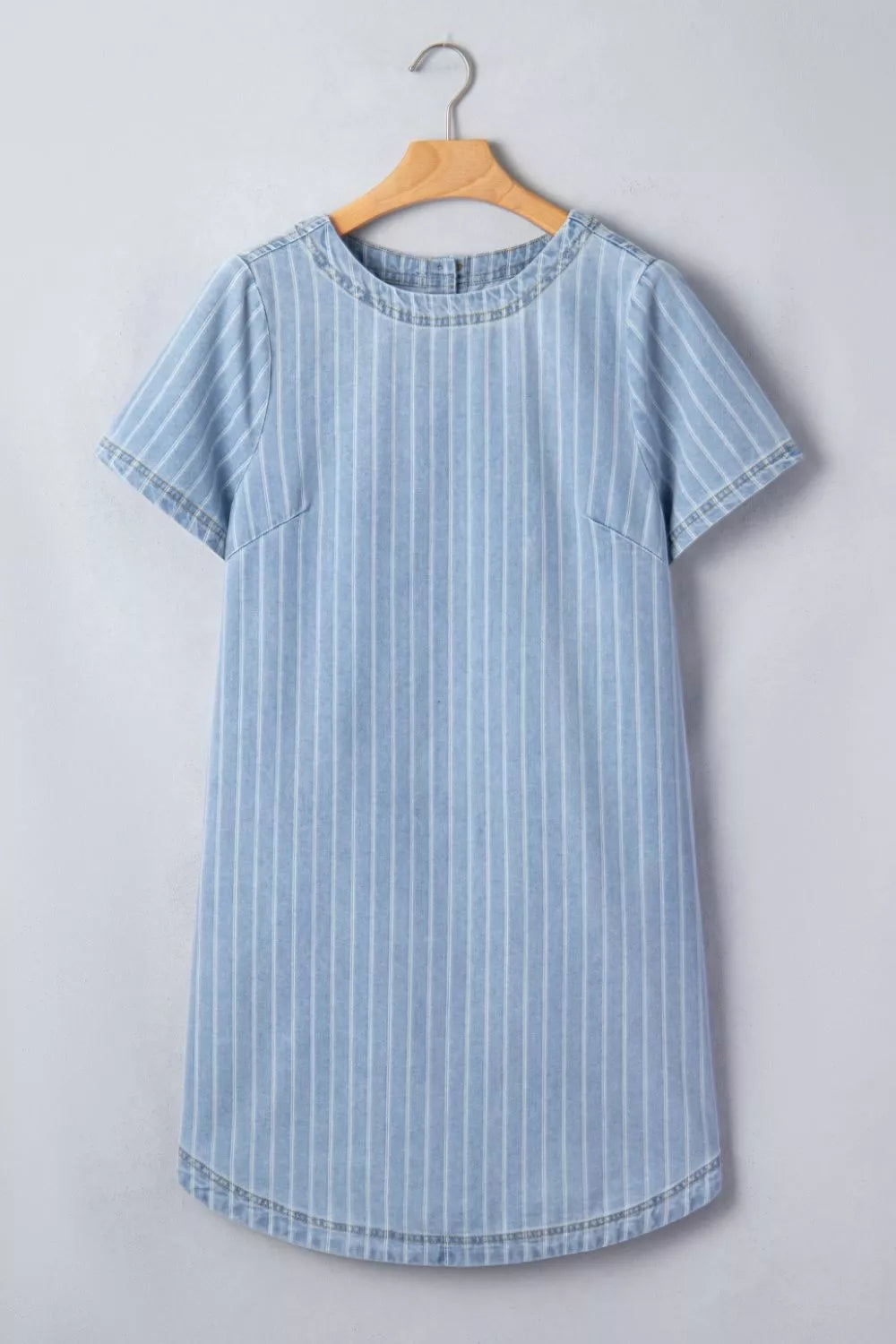 Denim mini dress with vertical white pinstripes, short sleeves, and round neckline.