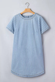 Denim mini dress with vertical white pinstripes, short sleeves, and round neckline.