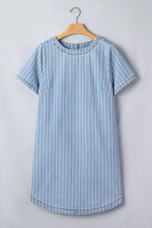 Denim mini dress with vertical white pinstripes, short sleeves, and round neckline.