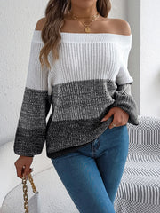 Off-shoulder knit sweater with colorblock pattern, balloon sleeves, and ribbed details.