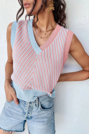 Chic Vibe Sweater Vest in blush pink and light blue knit with chevron pattern and V-neck.