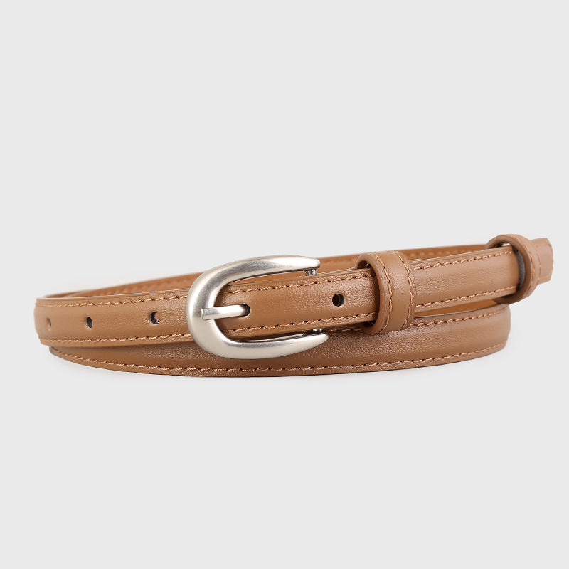 Caramel leather skinny belt with silver buckle and stitched detail