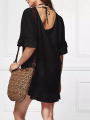Black ruffled V-neck beach cover-up with tie back and ruffled hem.