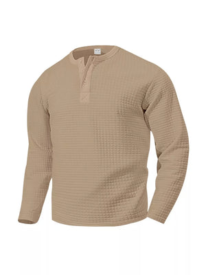 Khaki waffle knit henley long sleeve t-shirt with button placket.