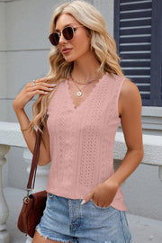 Blush pink scalloped eyelet V-neck sleeveless top with lace detail