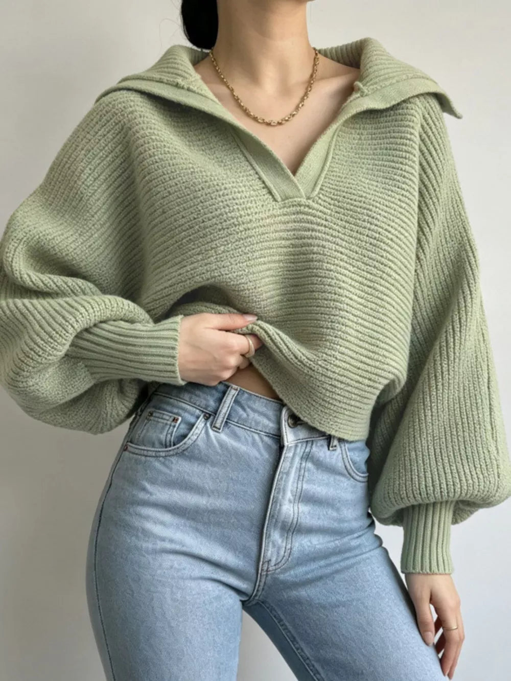 Oversized Collar Ribbed Cropped Sweater in Gray, model styling view