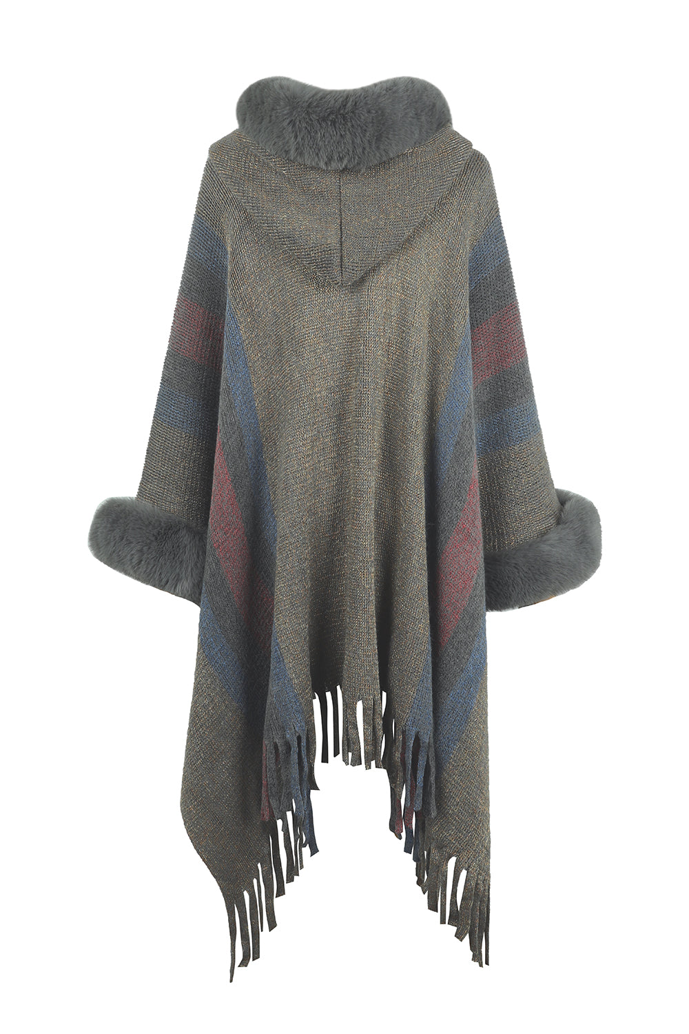Textured stripe knit poncho with faux fur trim hood and cuffs, and fringe hem.