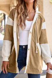 Camel knit trim drawstring hoodie with button front and white contrast sleeves.