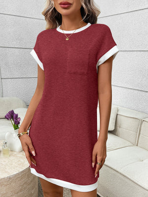 Burgundy ribbed knit mini dress with white trim and a chest pocket.