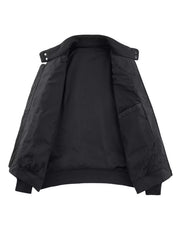 Plus-size black bomber jacket with zip front and snap collar details.