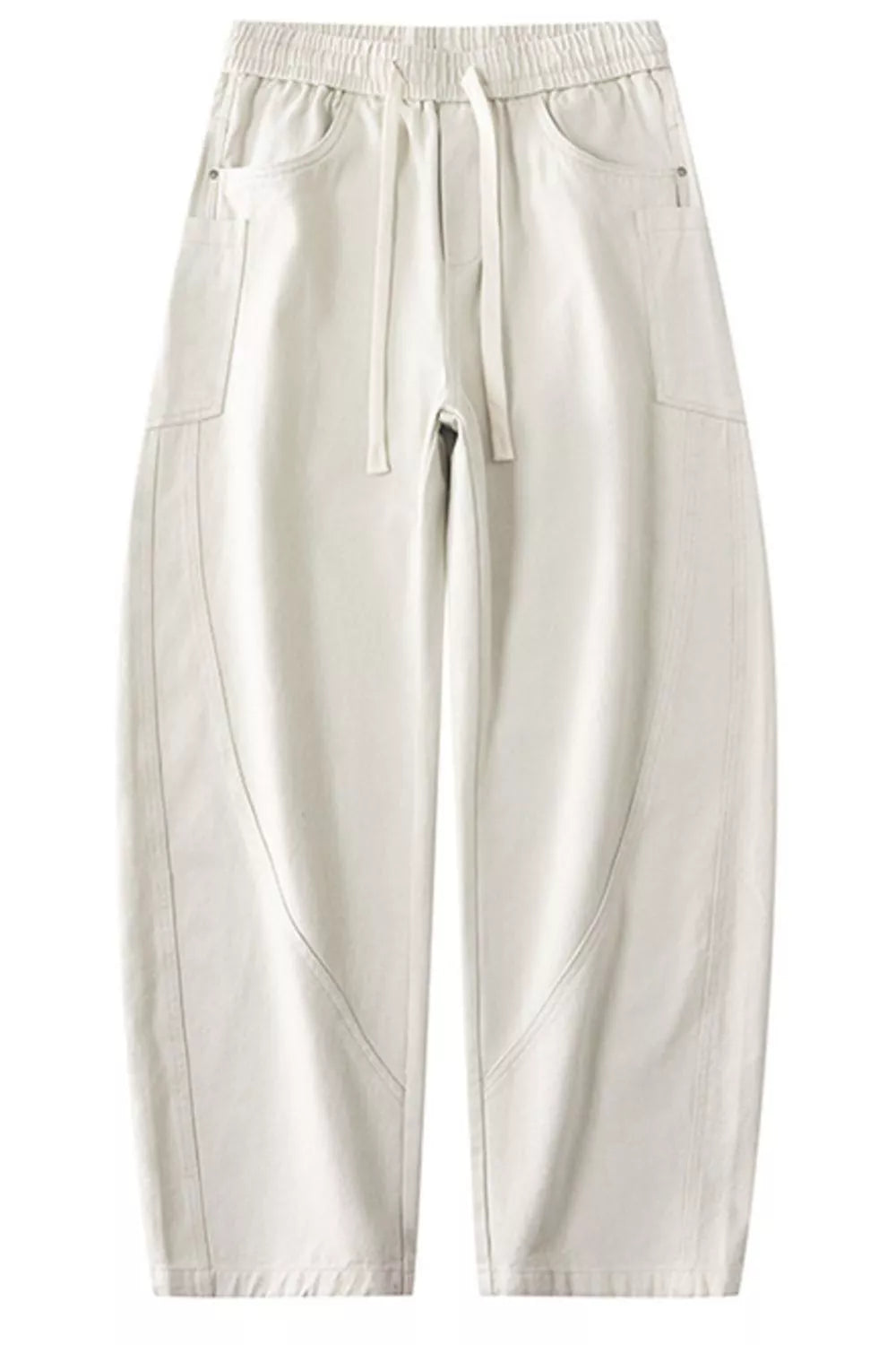 Off white relaxed fit drawstring waist men's cotton jeans with casual styling.