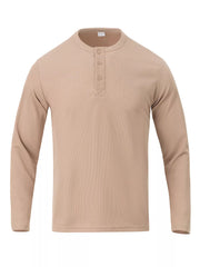 Men's long sleeve Khaki cotton Henley t-shirt with button placket.