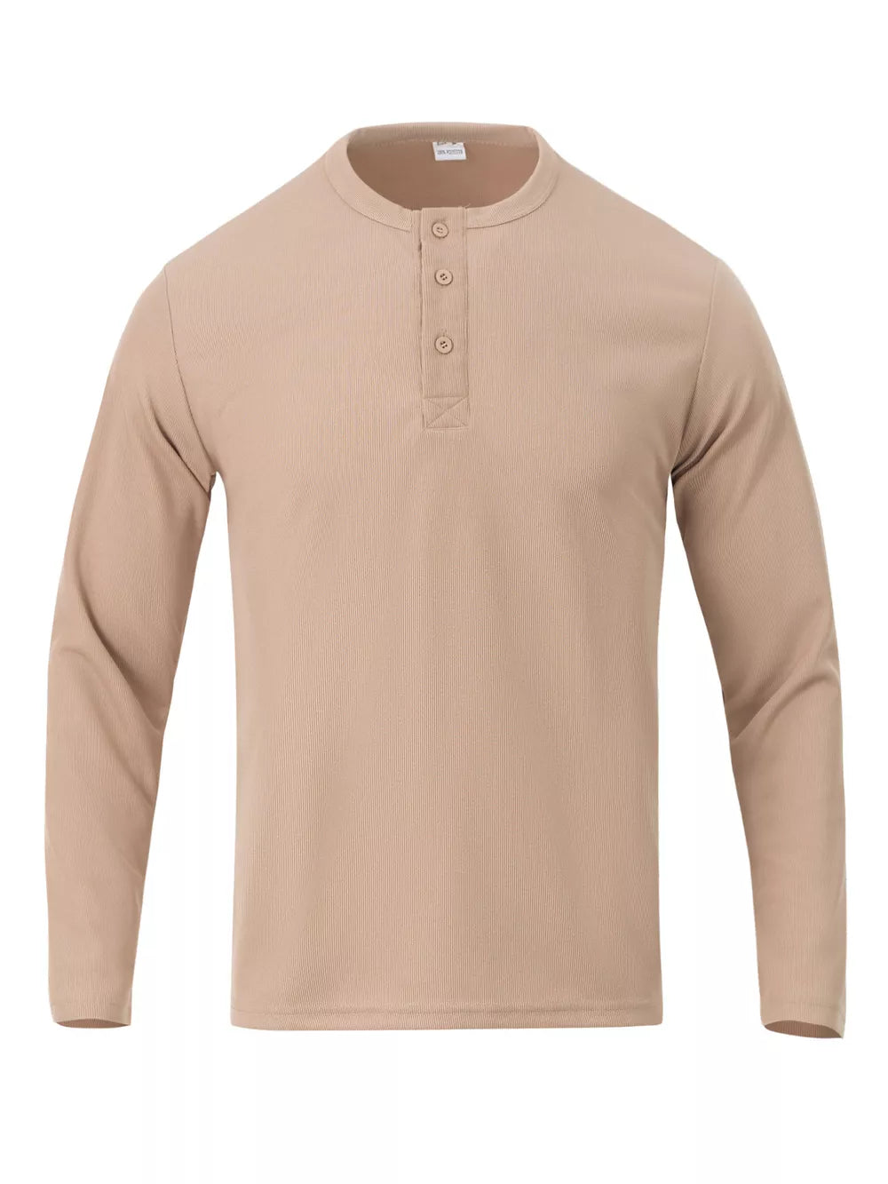Khaki long sleeve Henley t-shirt with button placket and ribbed texture.