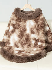 Faux fur trimmed camo poncho in Chocolate with a textured pattern and fuzzy trim.