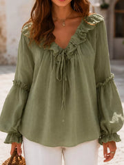 Ruffled Tie Front Flounce Sleeve Blouse in Blush Pink, editorial view