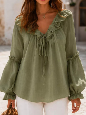 Ruffled Tie Front Flounce Sleeve Blouse in Blush Pink, editorial view