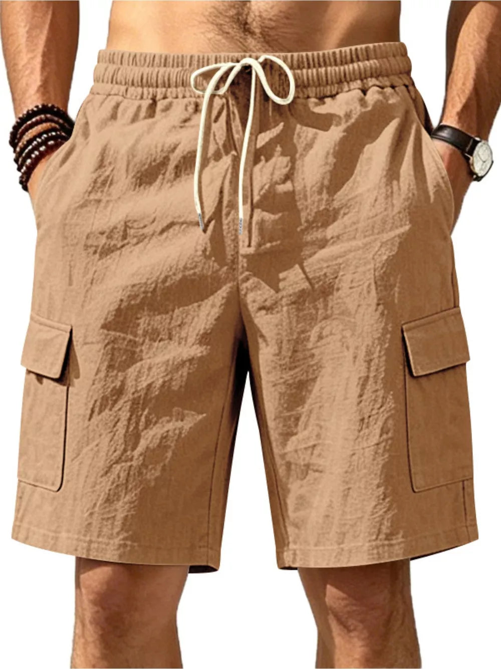 Brown cargo shorts with drawstring waist and crinkled texture