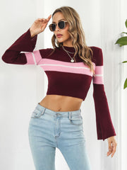 Flared sleeve stripe crop knit sweater in wine with pink and white stripes, acrylic material.