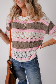 Striped openwork knit top with pink, taupe, and white stripes.