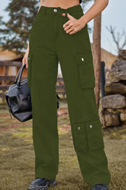 Army green denim cargo pants with relaxed wide leg and multiple utility pockets.