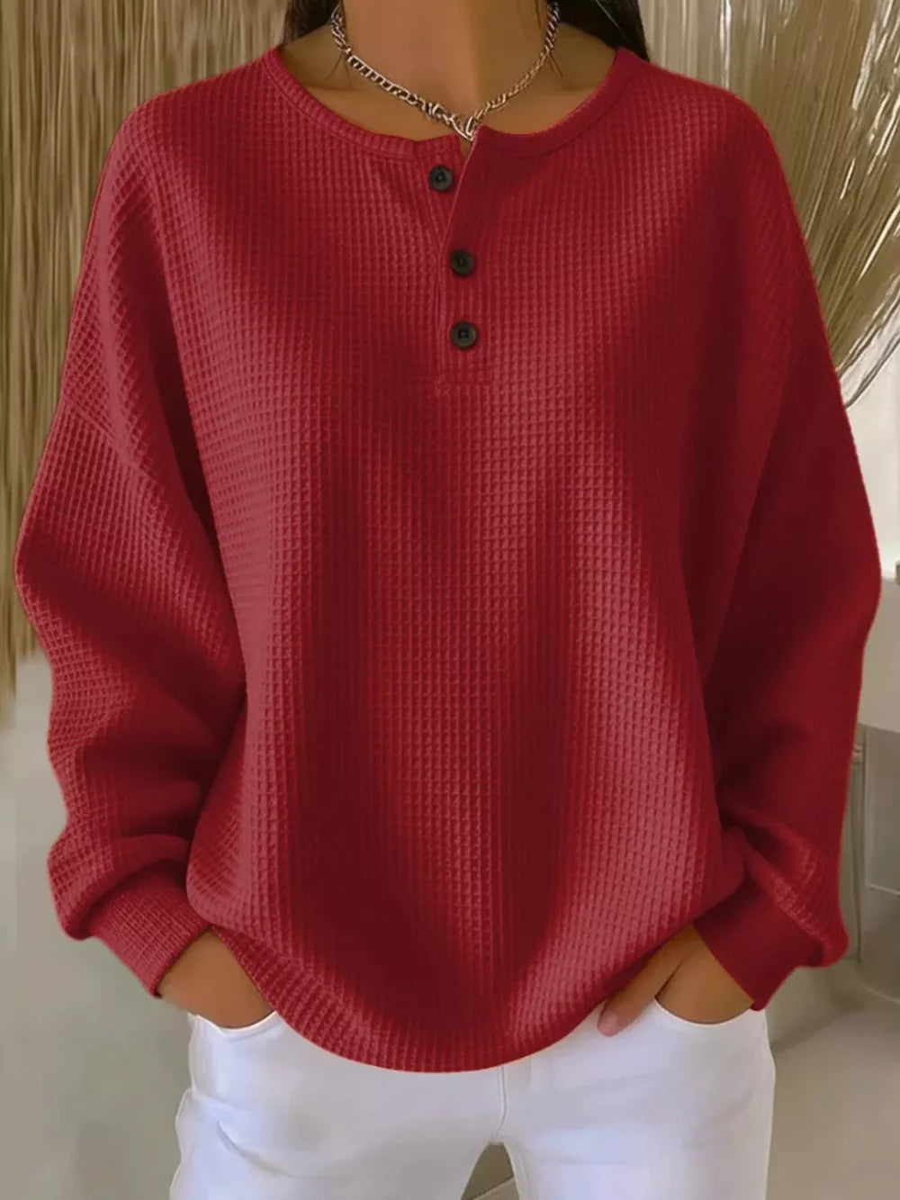 Full Size Waffle Knit Button Detail Top Plus Size in Orange, alternate angle