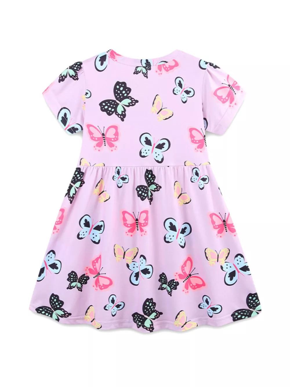 Toddler dress with colorful butterfly print, short sleeves, and above-knee length.