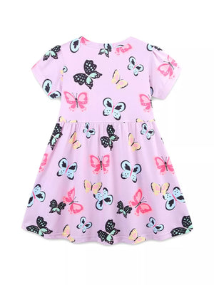 Toddler dress with colorful butterfly print, short sleeves, and above-knee length.