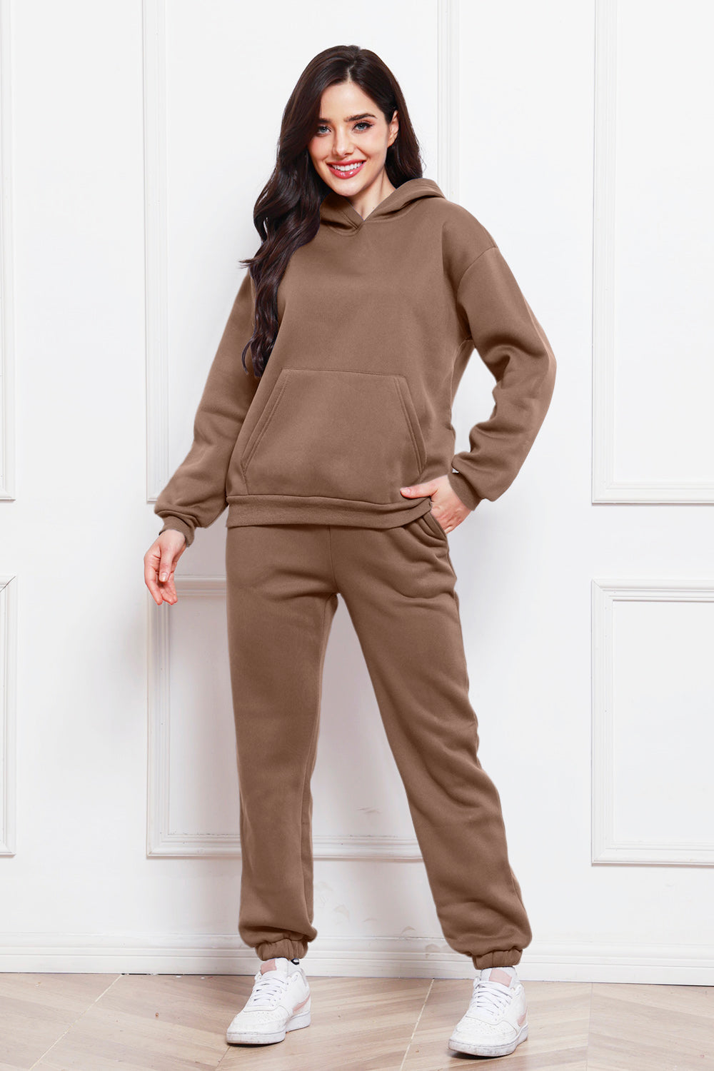 Mocha relaxed fit hoodie and joggers set with front pocket and drawstring waist.