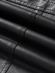 Black faux leather sport jacket detail with textured material and stitching.