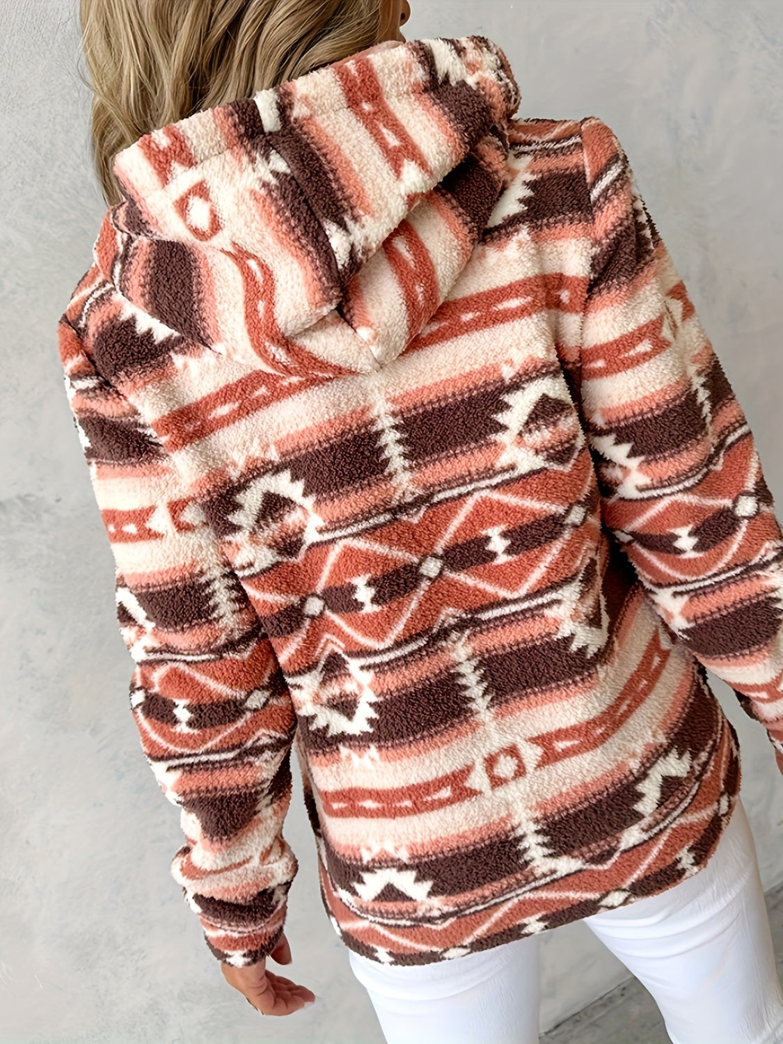 Brown sherpa zip hoodie with Aztec pattern and hood
