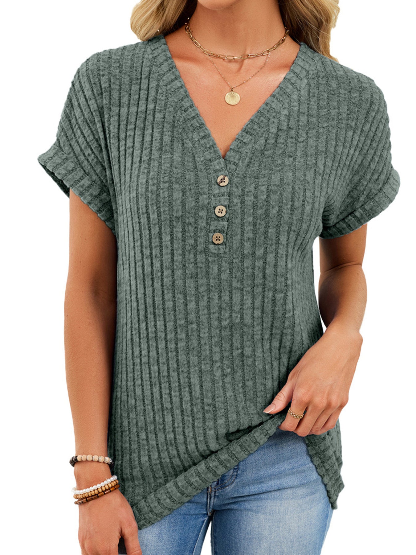 Army green ribbed knit v-neck t-shirt with short sleeves and three buttons at the neckline.