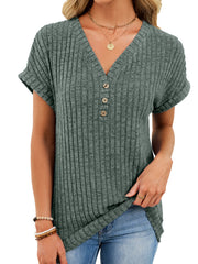 Army green ribbed knit v-neck t-shirt with short sleeves and three buttons at the neckline.