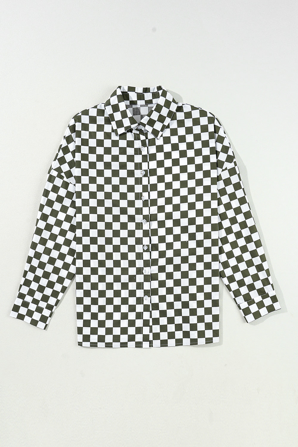 Olive checkered button-down shirt with a classic collar and button closure.