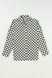 Olive checkered button-down shirt with a classic collar and button closure.
