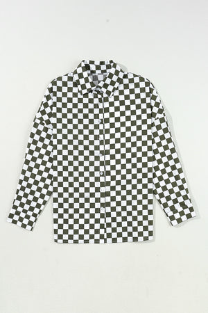 Olive checkered button-down shirt with a classic collar and button closure.
