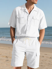 White relaxed-fit button-up shirt and drawstring cargo shorts set for men.